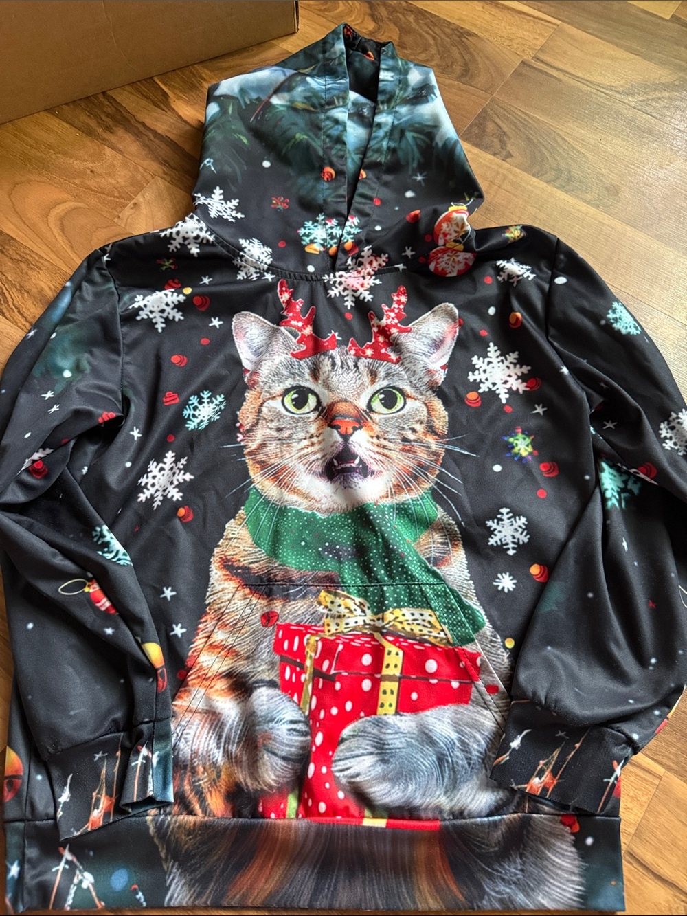 Holiday Cat Hoodie Sweatshirt - Black with Red & Green Cat Print